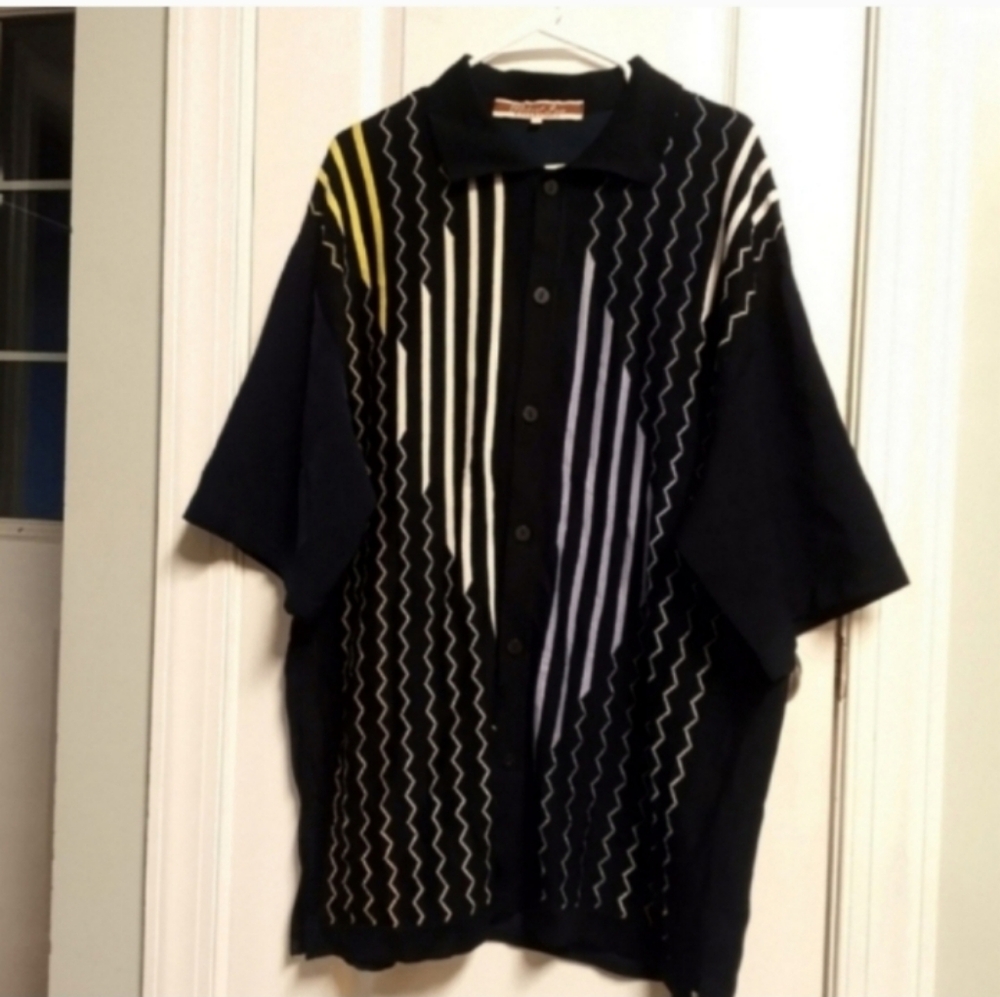 Michael Irvin Collection Navy Yellow White Zigzag Button Geometric Men's ShirtXL